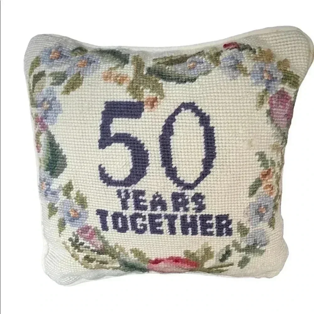 Vintage Cross-stitch Floral Anniversary 50 Years Together decorative pil…